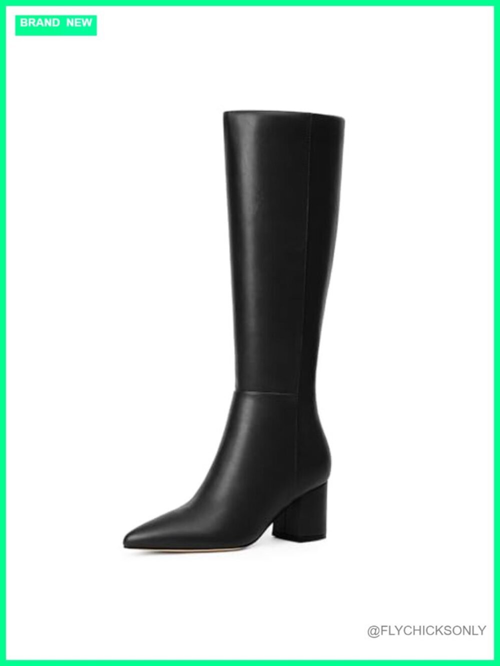 Knee High Chunky Low Heel Pointed Toe Boots Faux Leather Zip Closure